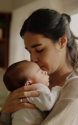 Woman holding infant baby at home